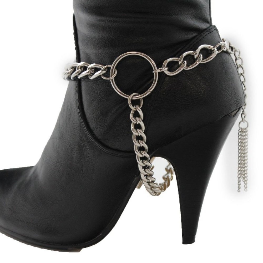 Women Silver Metal Boot Chain Bracelet Circle Back Tassel Shoe Charm Anklet - Picture 5 of 12